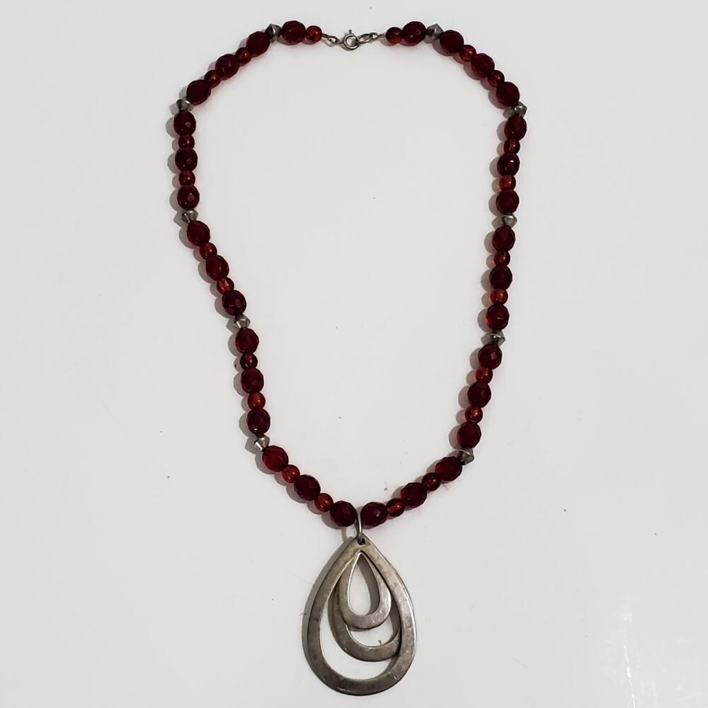 Vintage Sterling Silver & Red Glass Bead Teardrop Pendant Necklace 18" - Picture 2 of 8